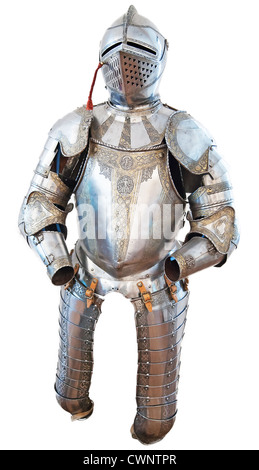 Ritter-Rüstung in der mittelalterlichen Burg, isoliert auf weiss Stockfoto