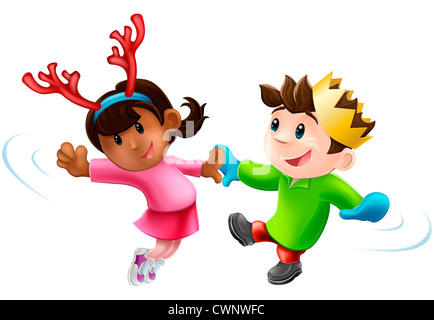 Cartoon von zwei Kindern oder Jugendlichen in saisonalen Weihnachtsoutfits Spaß tanzen Stockfoto