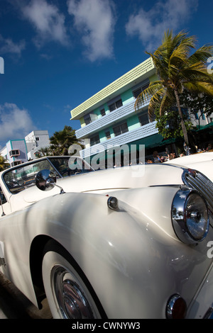 WEISSER JAGUAR XK 140 CABRIO-ROADSTER AUS DEM JAHR 1954 (©JAGUAR AUTO CO 1954) OCEAN DRIVE SOUTH BEACH MIAMI BEACH Stockfoto