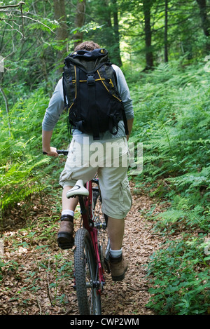 Mann Reiten Fahrrad durch Wälder, Rückansicht Stockfoto