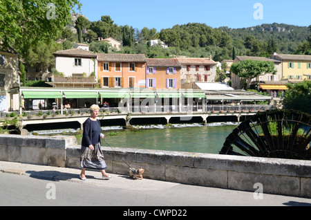 Frau, Hund und Riverside Restaurants in Fontaine-de-Vaucluse und Fluss Sorgue Vaucluse Provence Frankreich Stockfoto