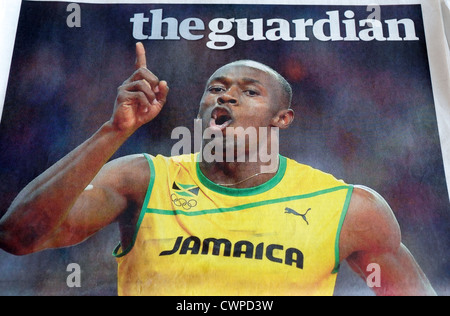 Die Zeitung The Guardian zeigt ein Foto des dreifachen Goldmedaille gewinnen Läufer Usain Bolt Stockfoto