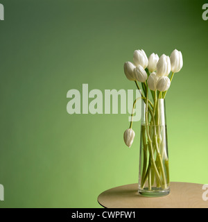 Vase mit Blumen auf den Tisch mit grünem Hintergrund und einem hängenden. Stockfoto