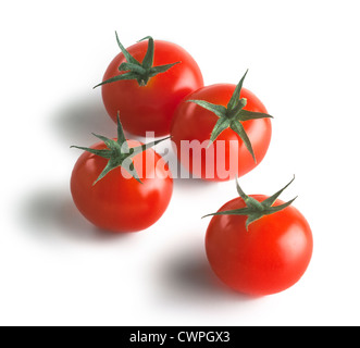 Lycopersicon Esculentum 'Gärtner Delight', Tomate. Studioaufnahme von vier Reife rote Tomaten auf einem weißen Hintergrund. Stockfoto