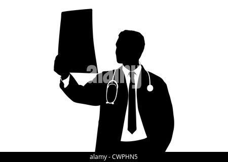 Eine Silhouette eines Arztes untersucht CT-Scan isoliert auf weißem Hintergrund Stockfoto