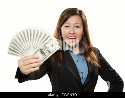 Glückliche junge Erwachsene zeigen Geld Stockfoto
