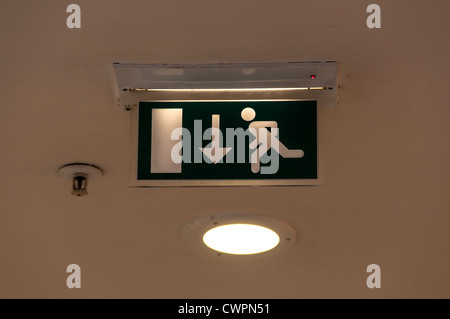 Feuer verlassen grünes Schild an der Decke mit sprinkler Stockfoto