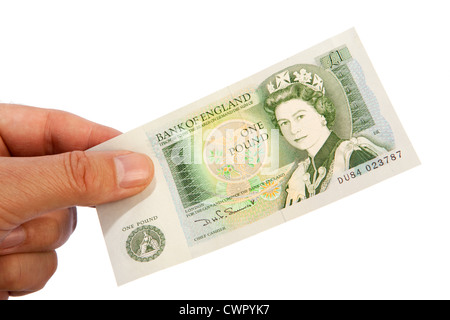 Geld männliche Hand, die alten britischen ein Pfund-banknote Stockfoto