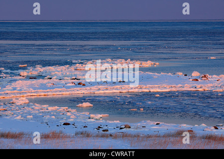 Küste der Hudson Bay im frühen Winter, Seal River Heritage Lodge, Churchill, Manitoba, Kanada Stockfoto