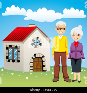 Älteres paar stand vor süßen alten Stilhaus Ruhestand Stockfoto