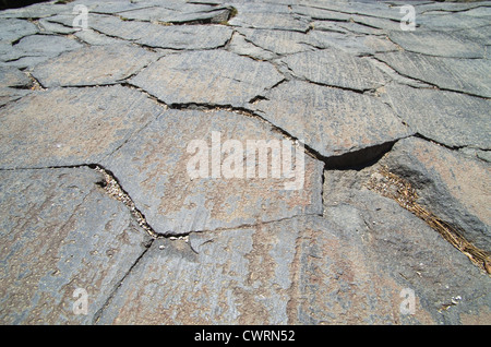 abgewinkelte Bild von säulenförmigen Basalt Tops geglättet durch eiszeitliche Polnisch am Devils Postpile National Monument Stockfoto