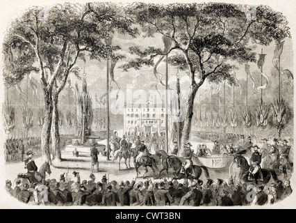 Napoleon III. und Empresse Eugenie Ankunft vor Toulon Präfektur, Frankreich. Stockfoto