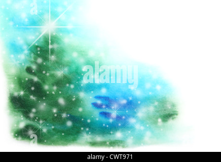 Abstrakt hand gezeichnete Aquarell Hintergrund: Weihnachtsbaum, blauer Himmel und Schneeflocken Stockfoto