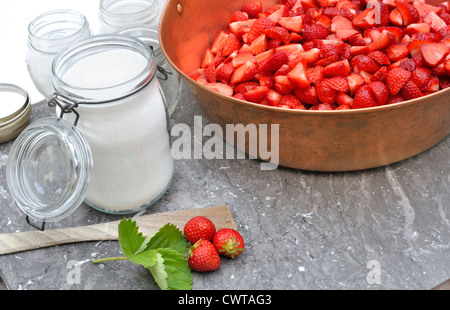 Erdbeer-Marmelade im Glas mit Zucker für die Herstellung von Marmelade Stockfoto