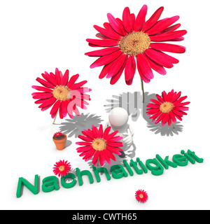 Rote Blumen wachsen um anthropomorphe Figur, CGI Stockfoto