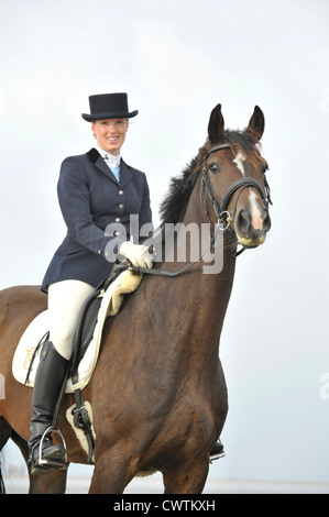 Frau reitet Holsteiner Warmblut Stockfoto