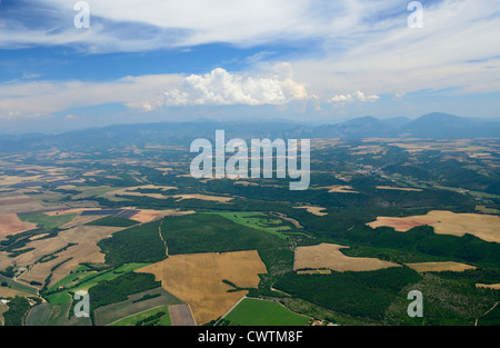 Luftaufnahme von Lavendelfeldern Ende Juni, plateau de Valensole, Arround Valensole Stadt, Alpes de Haute Provence, Frankreich Stockfoto