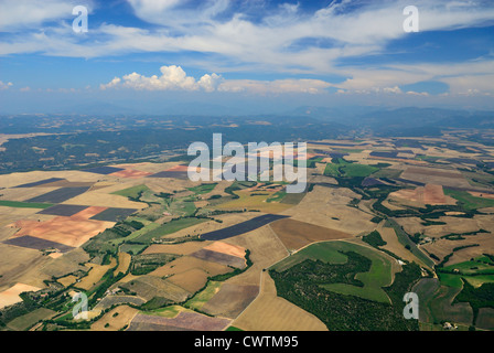 Luftaufnahme von Lavendelfeldern Ende Juni, plateau de Valensole, Arround Valensole Stadt, Alpes de Haute Provence, Frankreich Stockfoto