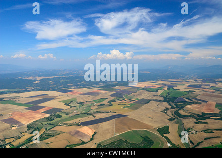 Luftaufnahme von Lavendelfeldern Ende Juni, plateau de Valensole, Arround Valensole Stadt, Alpes de Haute Provence, Frankreich Stockfoto