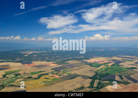 Luftaufnahme von Lavendelfeldern Ende Juni, plateau de Valensole, Arround Valensole Stadt, Alpes de Haute Provence, Frankreich Stockfoto