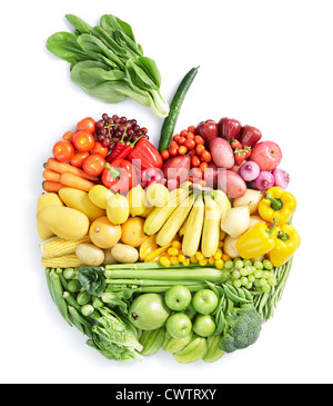 verschiedene Arten von Gemüse und Obst in Apfel-Form Stockfoto