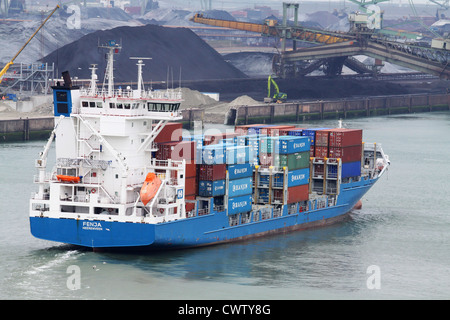 8709 Dwt, 822 TEU Feeder Containerschiff Fenja Eingabe Europoort Containerterminal, Hafen von Rotterdam Stockfoto