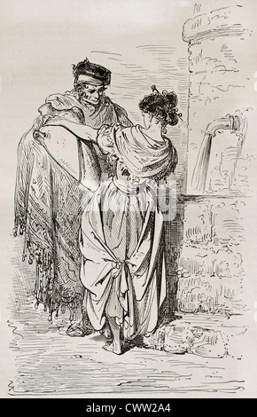 Spanischer Mann und Frau am Brunnen. Erstellt von Gustave Dore, veröffentlicht am Le Tour Du Monde, Hrsg. Hachette, Paris, 1867 Stockfoto