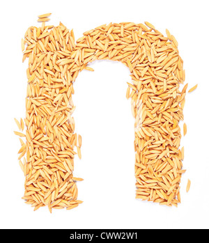 N, Alphabet, Schreiben von Paddy-Reis auf weiß Stockfoto
