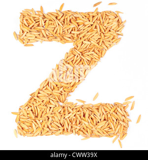 Z, Alphabet, Schreiben von Paddy-Reis auf weiß Stockfoto