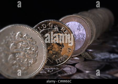 Ein Pfund-Münze und ein-Euro-Münze hinter Stockfoto