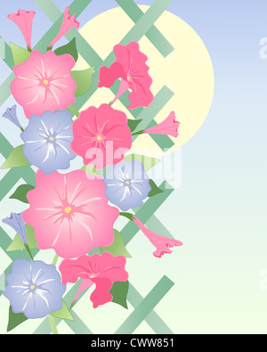 zur Veranschaulichung der blauen und rosa Petunien Blumen auf einem grünen Gitter mit Laub gegen eine gelbe Sonne Stockfoto
