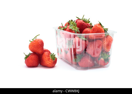 Erdbeeren mit einer Plastik Körbchen isoliert auf einem weißen Hintergrund. Stockfoto