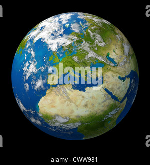 Planetenerde mit Europa und europäische Union Länder einschließlich Deutschland Italien Frankreich und England, umgeben vom blauen Meer und Wolken auf schwarzem Hintergrund. Stockfoto