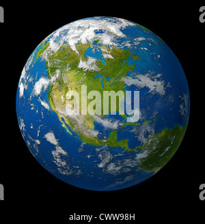 Planeten Erde mit Nordamerika mit den USA Kanada und Mexiko, umgeben vom blauen Meer und Wolken auf schwarz. Stockfoto