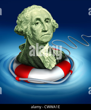 Dollar Bill Symbol mit der Vintage Porträt von George Washington mit einen Rettungsring in die Wasser sparende Downgrade amerikanische Währung während einer gefährlichen Recesion und US-Wirtschaft zu ertrinken. Stockfoto