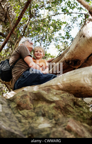 Vater und Sohn in einem Baum sitzend Stockfoto