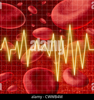 Blutzellen mit einem ekg Herz Monitor-Symbol in einem Diagramm Raster stellvertretend für das Konzept der gesunden menschlichen Arterie Zirkulation und koronare Gesundheitsversorgung in Bezug auf Schlaganfälle. Stockfoto