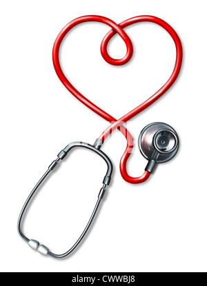 Stethoskop Herzsymbol vertreten bu ein medizinisches akustisches Instrument mit der Schnur in Form eines roten Herzens, Gesundheit und Fitness in der Welt der Medizin darstellt. Stockfoto