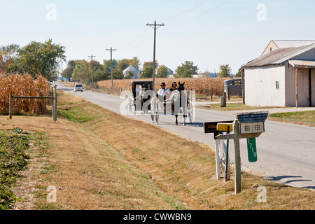 Amische Familien fahren ihr Pferd und Wagen auf Landstraße in der Nähe von Montgomery, Indiana Stockfoto