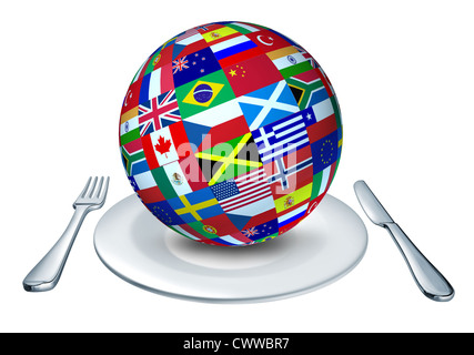 Internationale Küche, vertreten durch einen Globus mit Flaggen aus vielen Ländern wie Italien, Frankreich und China Gourmet und Hausmannskost aus der ganzen Welt vertreten. Stockfoto