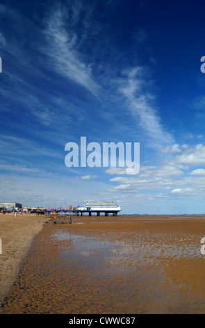 UK, Lincolnshire, Cleethorpes, Pier, Strand & Buhnen bei Ebbe Stockfoto