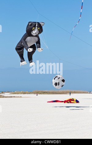 Kite geformt wie eine Katze und ein Fußball fliegt über Strand auf der Schatzinsel Kite Festival in Treasure Island, Florida Stockfoto