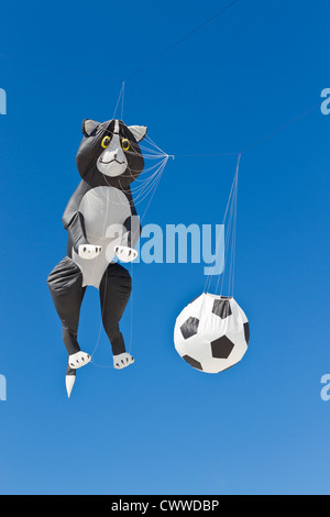 Kite geformt wie eine Katze und ein Fußball fliegt über Strand auf der Schatzinsel Kite Festival in Treasure Island, Florida Stockfoto