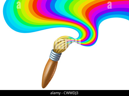 Kunst Regenbogen Farbe Pinselstrich mit einem Pinsel mit einem Schuss an der Spitze der Borsten plantschen in einem Strudel der Multi Farben Form stellvertretend für das Konzept der Kreativität und Bildung Kunst und Kunsthandwerk für Kinder und Künstler Schülerinnen und Schüler. Stockfoto