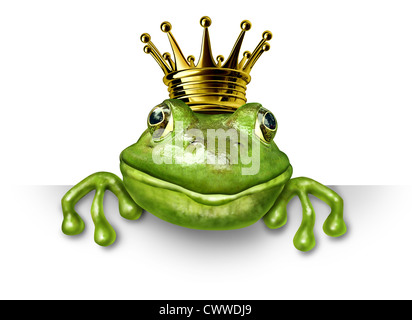 Froschkönig mit kleinen goldenen Krone mit einem leeren Schild stellvertretend für das Märchen-Konzept der Veränderung und Transformation von einer Stockfoto