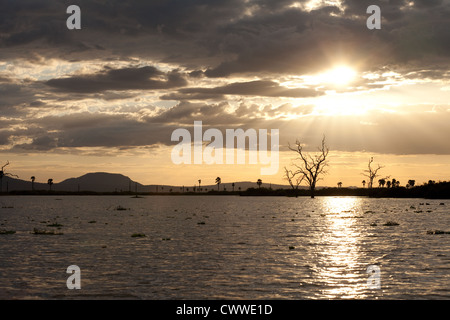 Afrika-Sonnenuntergang über dem Wasser, See Manze, Selous Game Reserve, Tansania Afrika Stockfoto