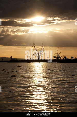 Afrika-Sonnenuntergang über dem Wasser, See Manze, Selous Game Reserve, Tansania Afrika Stockfoto