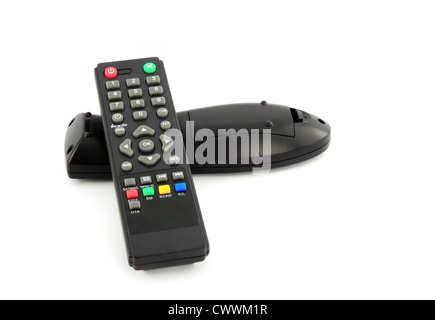 TV-Fernbedienung auf weißem Hintergrund Stockfoto