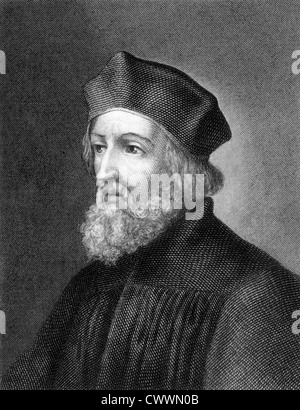 Jan Hus (1369-1415) auf Kupferstich aus dem Jahr 1859.  Tschechischer Priester, Philosoph, Reformer und Meister an der Karlsuniversität in Prag. Stockfoto