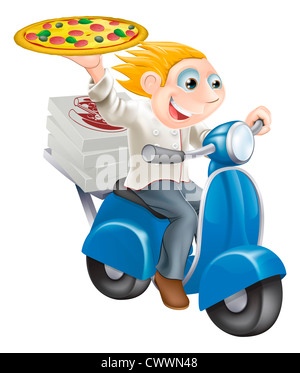 Grafik eines Fast-Food Pizza Chef Beschleunigung entlang in seinem Chef weiße Pizza liefern. Stockfoto